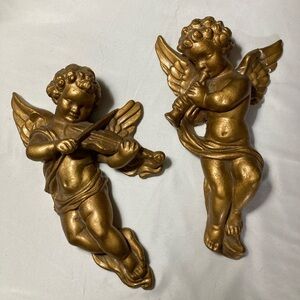 Cherub Angels Wall Decor, Two Figurine Playing Instruments 9 3/4" Tall, Pair